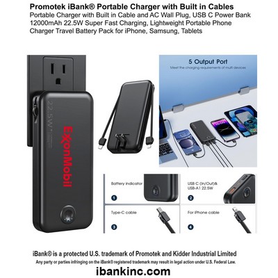 iBank ® Portable Charger with Built in Cable and AC Wall Plug 12000 mAh