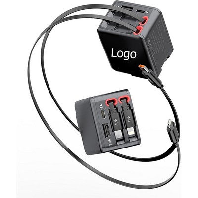 4" 1 Retractable Wall Charger with Dual USB Ports and 25.6" Lightening and Type-C Cables