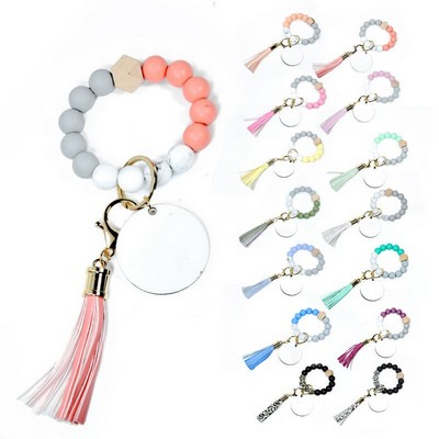 Silicone Beaded Wood Tag Wristlet Keychain With Tassel