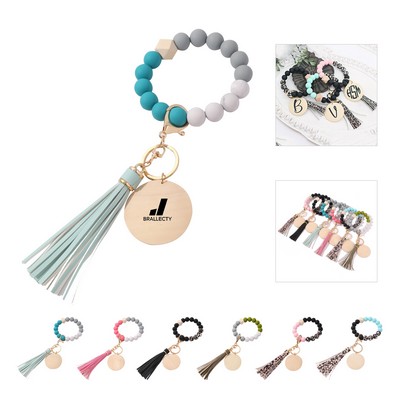 Silicone Beaded Wood Tag Wristlet Keychain With Tassel